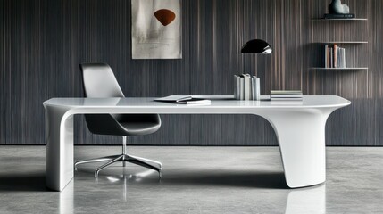 Aufkleber - A modern minimalist office setup with desk and chair
