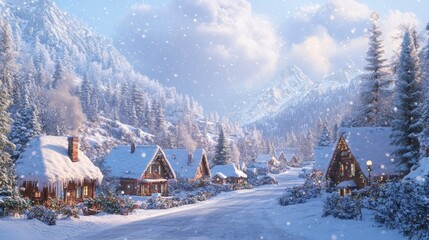 Poster - Snow covered cabins situated in a snowy winter village scene
