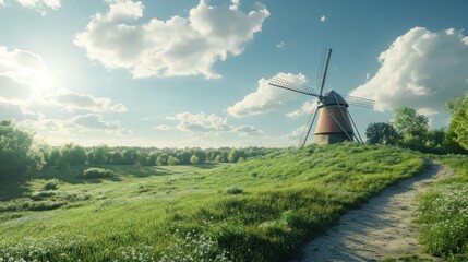 Poster - Picturesque windmill stands gracefully atop a verdant grassy hill landscape