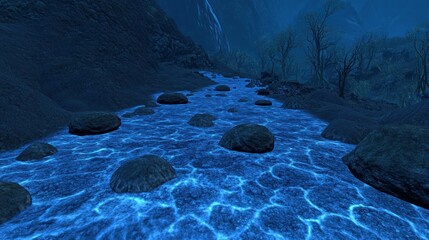 Poster - A flowing river with many rocks at a beautiful night scene