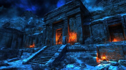 Poster - Ancient stone temple glows under a cold and starry night