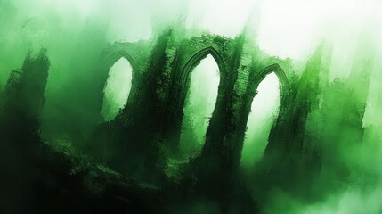 Aufkleber - Ancient arches amidst atmospheric fog and abstract green painting