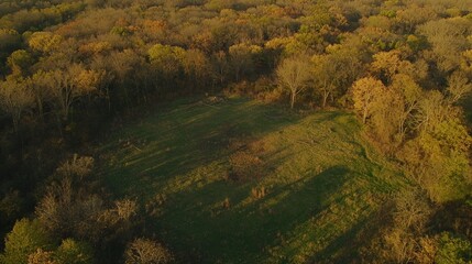 Fototapete - Aerial view depicts a forested landscape with open grassy field