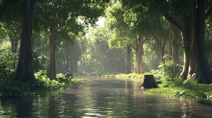 Poster - A serene and sunny forest scene with a tranquil waterway