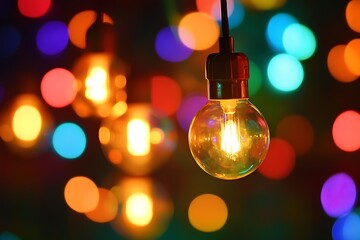 Aufkleber - Glowing bulb hanging with colorful bokeh background.