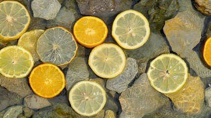 Poster - Citrus slices are floating on water surrounded by stones