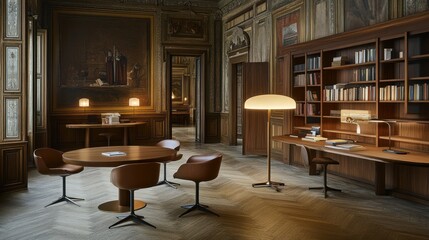 Poster - A luxurious library displays elegant furniture with warm lighting fixtures