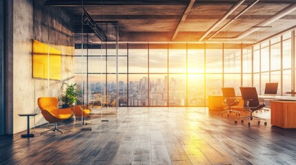 Poster - An upscale modern office interior with cityscape and sunshine visible
