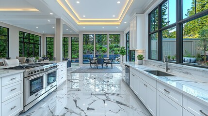 Poster - A modern kitchen with bright light and marble flooring design