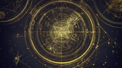 Poster - Intricate golden celestial map with geometric lines and constellations on black