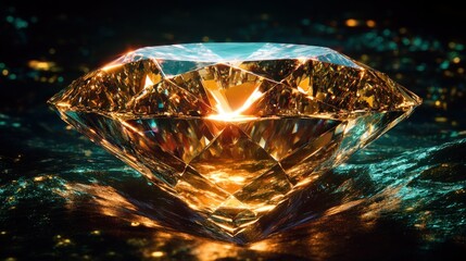 Poster - A large multifaceted diamond is placed on a dark reflective surface