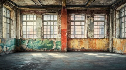 Poster - An empty abandoned interior with weathered walls and large windows