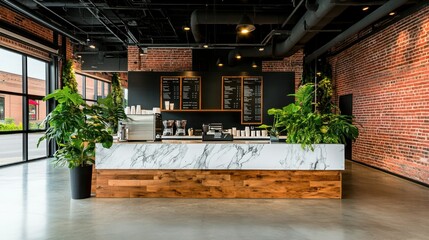Poster - A modern industrial cafe interior design with large windows and counter