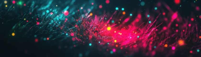 Poster - Abstract colorful glowing particles floating in a dark background