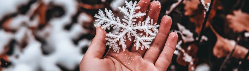 Poster - A hand gently holding a delicate and beautiful snowflake in winter