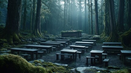 Poster - An outdoor gathering space situated within a dense forest environment