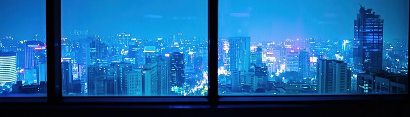 Poster - A nighttime cityscape viewed through a modern window frame