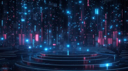 Poster - Futuristic Digital City Stage Illuminated With Glowing Neon Lights