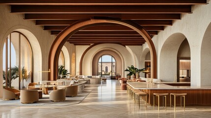 Poster - Elegant interior lounge showcasing architectural arches and open design plan