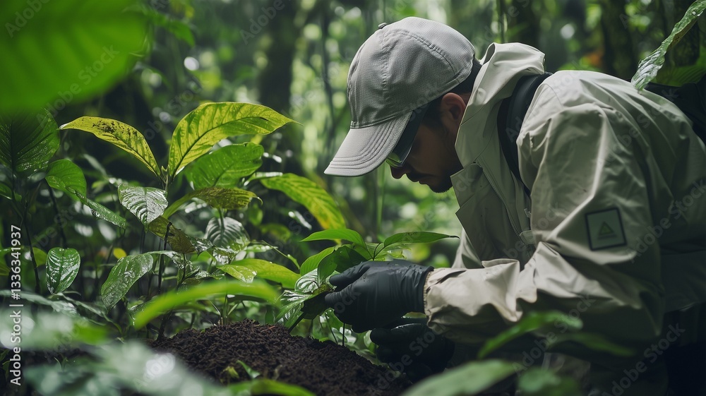 Photorealistic image of an environmental scientist sampling soil and ...