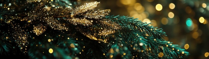 Poster - Festive decorative evergreen tree branch with gold glitter and lights