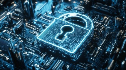 Poster - A digital illuminated lock superimposed on a circuit board background