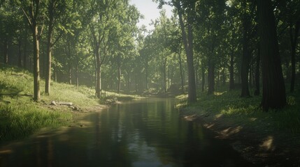 Poster - Green forest landscape with a flowing body of water running through