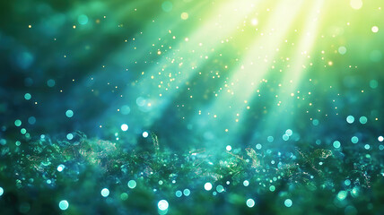 Poster - Vibrant blue light beam softly radiating over green background with bokeh and sparkling particles