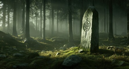 Poster - Mysterious ancient stone with markings standing in a forest clearing