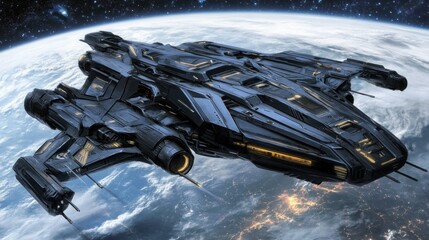 Poster - A large dark spacecraft is seen near a planet in space