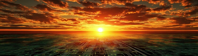 Aufkleber - Bright sunset illuminates a circuit board over reflective water features