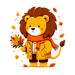 Wall Mural - Cartoon autumn lion in beige jacket with falling leaves, vector illustration. Perfect for seasonal promotions, fall fashion collections, and harvest festival themes.