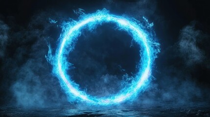 Poster - Bright blue glowing circular energy effect amidst dark misty background