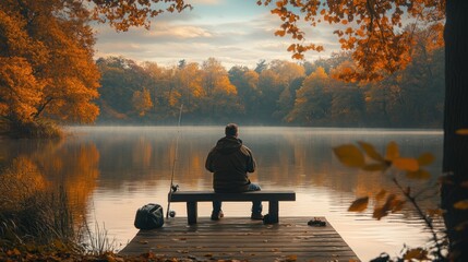 Poster - A person sitting on a bench near a still lake