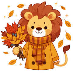 Wall Mural - Cartoon autumn lion in beige coat with colorful maple leaves, vector illustration. Perfect for fall season promotions, harvest festivals, and seasonal fashion content.