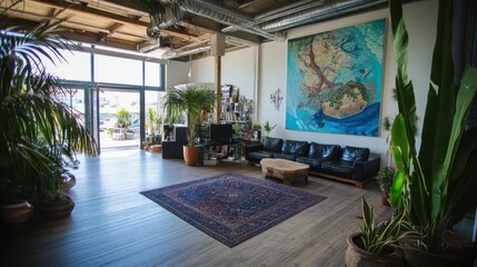 Poster - A spacious open living room area with plants and furniture
