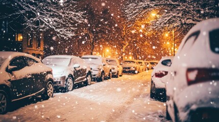 Poster - Snow covered cars parked on a street during a winter night