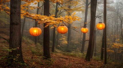 Poster - Illuminated lanterns hanging in an autumnal misty forest scene
