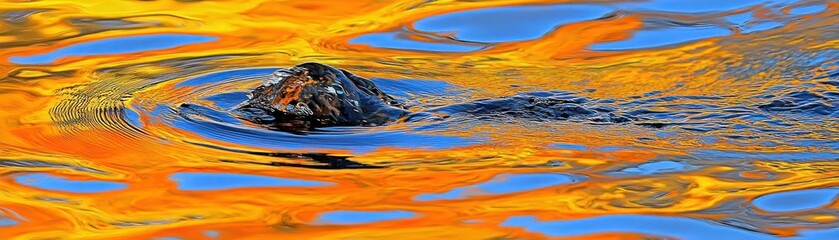 Poster - A dark animal swims through vividly colored and reflective water