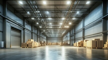 Poster - A large warehouse interior with stacked boxes and bright lighting