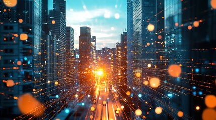 Poster - city skyscrapers view digital data stream, abstract city lights, city night in the light, sky blue technology background, 32k Resolution