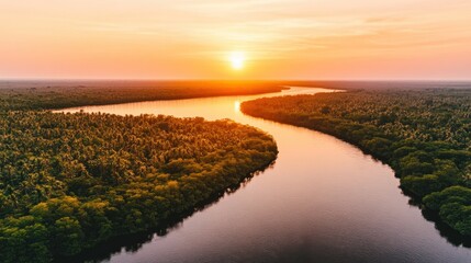 Poster - A scenic aerial view of a river with lush green surroundings