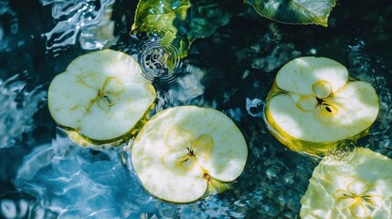 Poster - Sliced green apples floating gently in clear and refreshing water