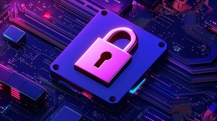 Poster - Glowing security lock sits on a complex circuit board design