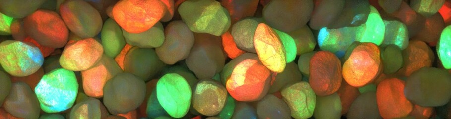 Poster - Colorful glowing pebbles illuminate a natural scene with ambient lighting