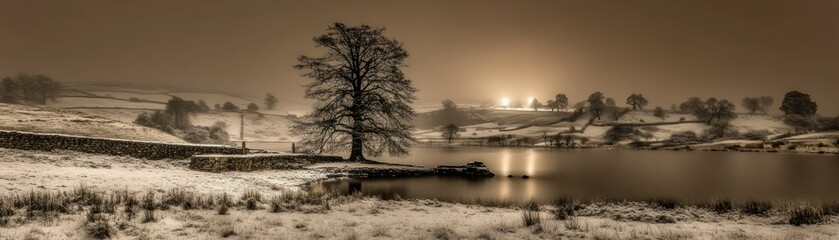 Poster - A snow covered landscape scene featuring a lake and large tree