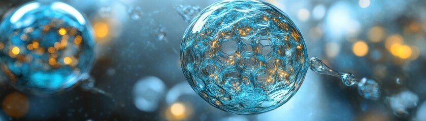 Poster - Three abstract spheres linked by water droplet connections in blue tones