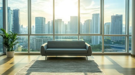 Poster - A modern living room with a city view through windows