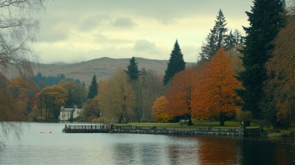 Aufkleber - A scenic lake surrounded by lush trees and rolling mountains under cloudy skies