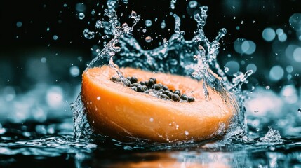 Poster - An orange papaya slice submerged in water with a splash